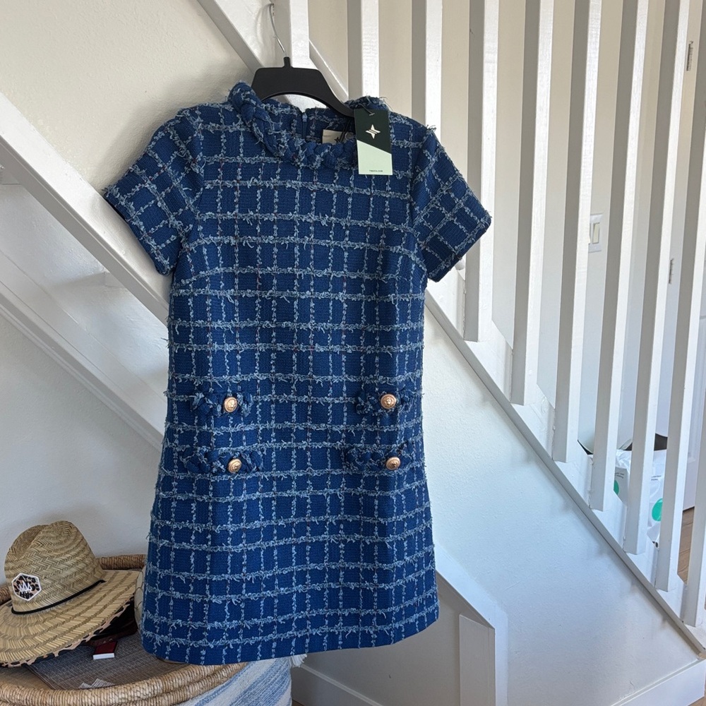 Tuckernuck Jackie Blue Tweed Short-Sleeve Dress with Gold Buttons